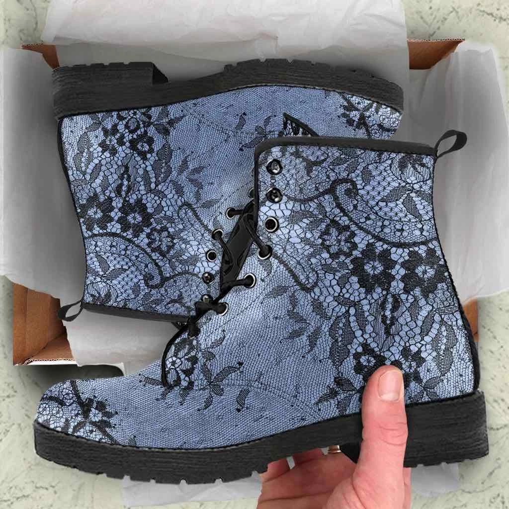 Gallery Serpentine Gothic Lace On Blue, Vegan Boots 6 Gallery Serpentine Gothic Lace On Blue, Vegan Boots - Image 4
