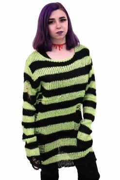 Catalyst Neon Green/Black Striped Distressed Sweater -AKUMU INK shop green stripe 01