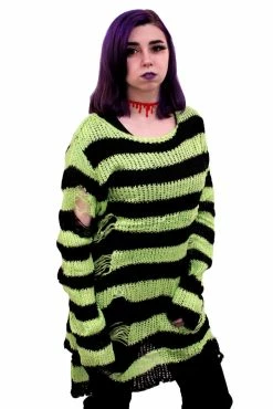Catalyst Neon Green/Black Striped Distressed Sweater -AKUMU INK shop green stripe 02