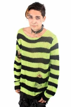 Catalyst Neon Green/Black Striped Distressed Sweater -AKUMU INK shop green sweater 02