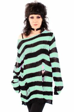 Catalyst Mint/Black Striped Distressed Sweater