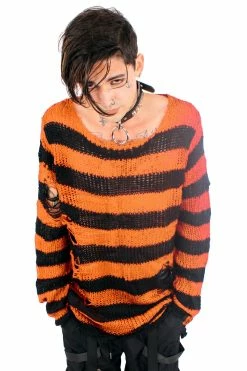 Catalyst Pumpkin Orange/Black Striped Distressed Sweater