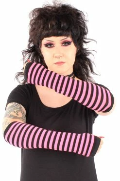 VampireFreaks Emo Striped Arm Warmers [Black/HotPink] -AKUMU INK shop pink armwarmers 02
