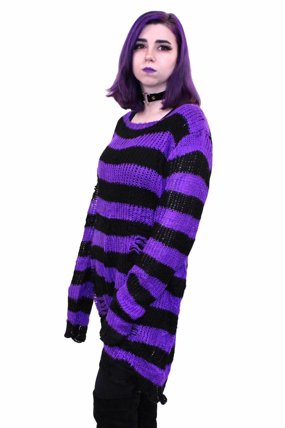 Catalyst Purple/Black Striped Distressed Sweater 6 Catalyst Purple/Black Striped Distressed Sweater - Image 4