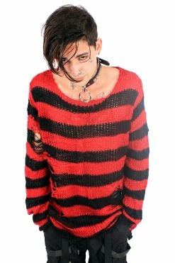 Catalyst Red/Black Striped Distressed Sweater