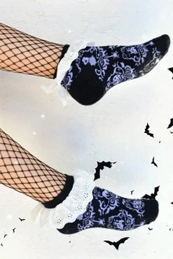 Too Fast Victorian Gothic Damask Lace Trim Ankle Socks -AKUMU INK shop rererwerwerewr