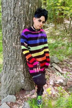 Catalyst Black Rainbow Striped Distressed Sweater