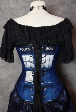 Gallery Serpentine Corsetry Police Box Corset, Denim Look -AKUMU INK shop tardis overbust back