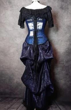 Gallery Serpentine Corsetry Police Box Corset, Denim Look -AKUMU INK shop tardis overbust back FL