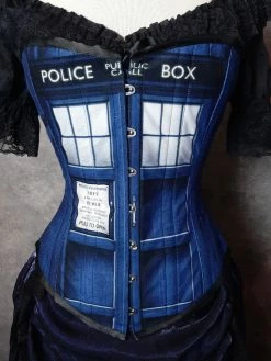 Gallery Serpentine Corsetry Police Box Corset, Denim Look -AKUMU INK shop tardis overbust close