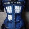 Gallery Serpentine Corsetry Police Box Corset, Denim Look -AKUMU INK shop tardis overbust closeup