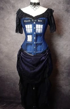 Gallery Serpentine Corsetry Police Box Corset, Denim Look -AKUMU INK shop tardis overbust front FL
