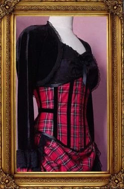 Victorian And Steampunk Red Tartan Corset & Victorian Bustle Skirt Set -AKUMU INK shop tartan corset front side 224kb