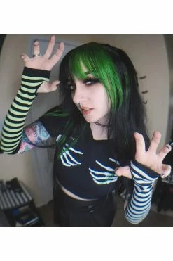 Too Fast Green & White Striped Knit Arm Warmers -AKUMU INK shop too fast green and white stripes knit arm warmers 135841 1100xcopy