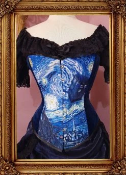 Gallery Serpentine Corsetry Starry Night Tardis Corset, Custom Made -AKUMU INK shop van gogh tardis corset fron