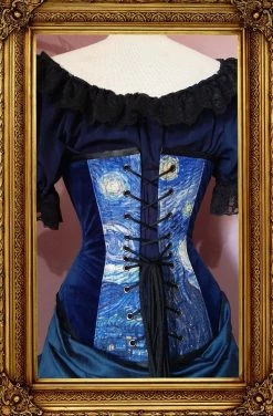 Gallery Serpentine Corsetry Starry Night Over Bust Corset, Custom Sized -AKUMU INK shop vangoghcorset back