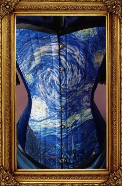 Gallery Serpentine Corsetry Starry Night Over Bust Corset, Custom Sized -AKUMU INK shop vangoghcorset close