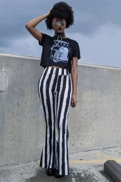 Too Fast Distressed Beetlejuice Striped Hellz Bellz Bell Bottoms [BLACK/WHITE] -AKUMU INK shop vgrtgtrhgt