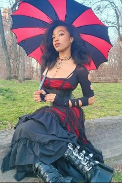 VampireFreaks Batwing Pagoda Umbrella [BLACK/RED STRIPED] -AKUMU INK shop vintage goth clothing store