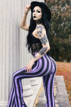 Too Fast Distressed Striped Hellz Bellz Bell Bottoms [BLACK/PURPLE]