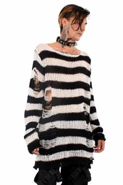 Catalyst White/Black Striped Distressed Sweater -AKUMU INK shop white sweater 01