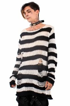 Catalyst White/Black Striped Distressed Sweater -AKUMU INK shop white sweater 02