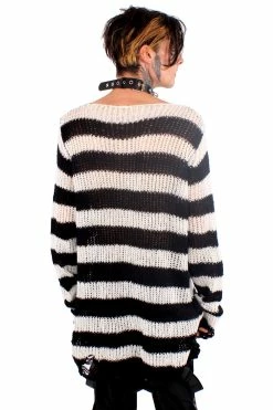 Catalyst White/Black Striped Distressed Sweater -AKUMU INK shop white sweater 03