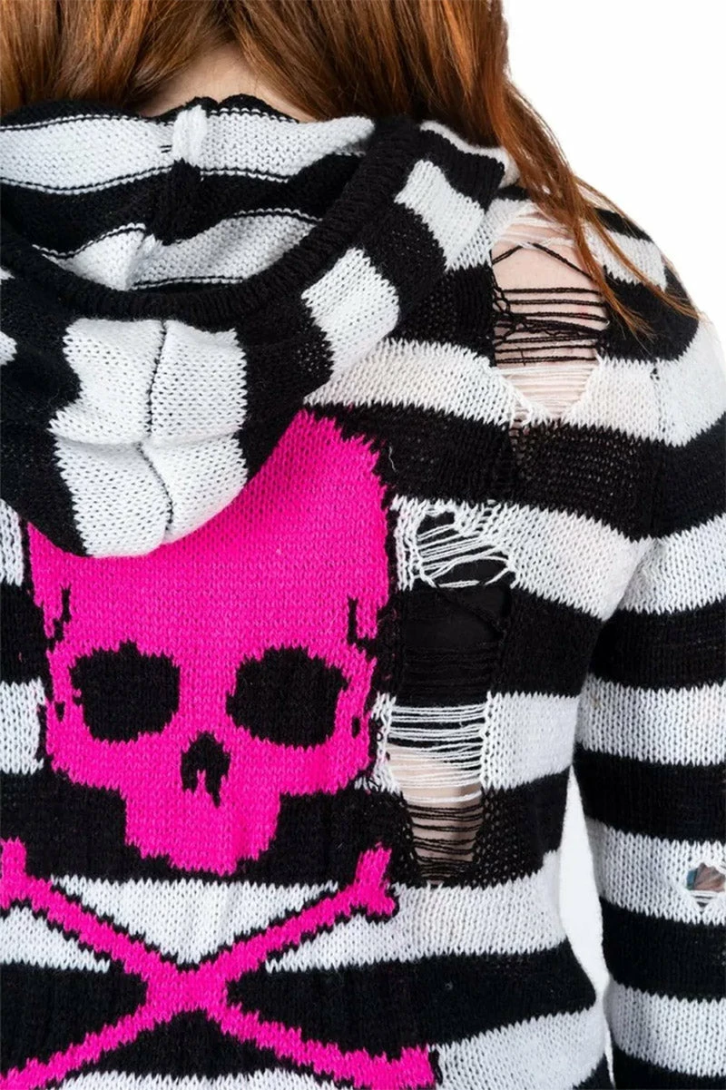 Too Fast Pink Skull Striped Zip Up Cardigan Sweater 6 Too Fast Pink Skull Striped Zip Up Cardigan Sweater - Image 4